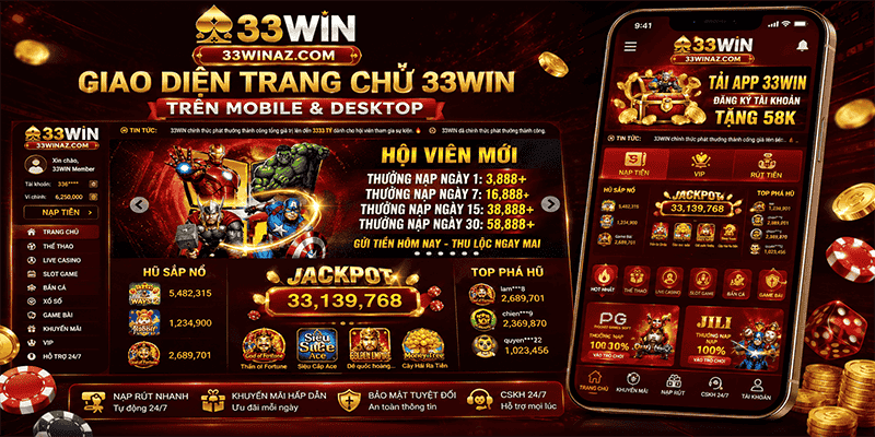 Giao diện trang chủ 33WIN trên mobile và desktop